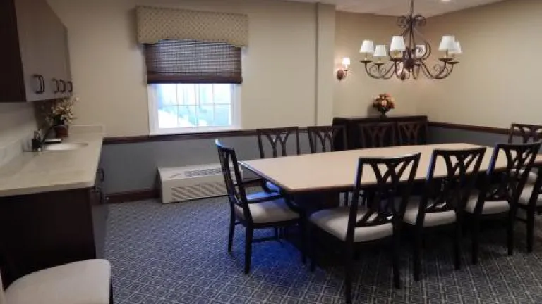 A dining room with gray patterned floors and dark wood chairs with light cushions