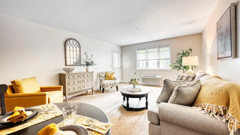 A bright living room with yellow accents on the furniture and dining table