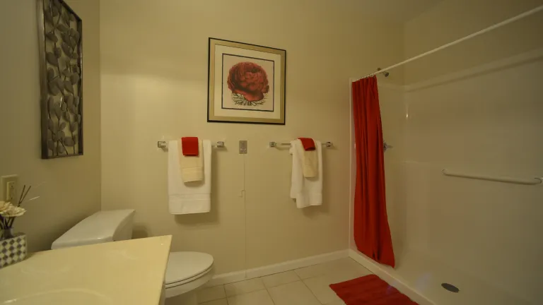 A bathroom with a red shower curtain and accessories