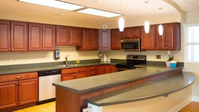 A shared kitchen with dark wood cabinets, gray countertops, and an open serving counter