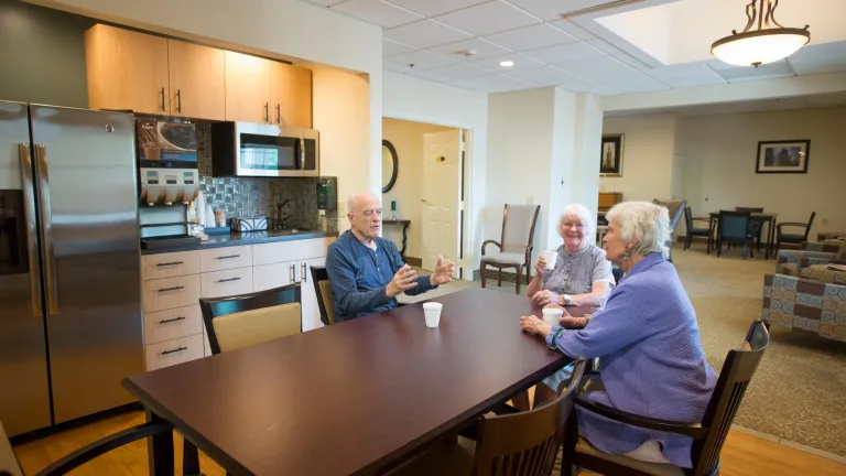 Three people seated around a dining table and chatting