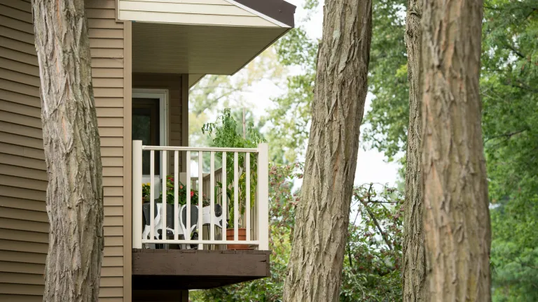 Private outdoor balcony next to tall trees