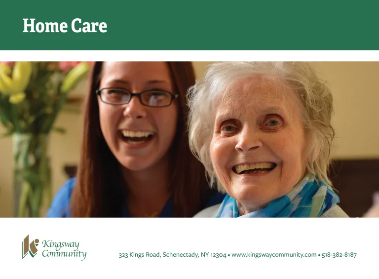 Home care brochure thumbnail featuring a banner with the home care text and an image of an elderly resident with a nurse. 