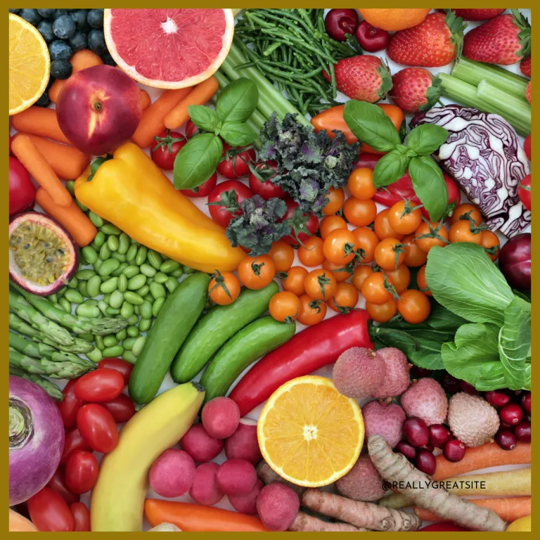 A colorful image of various fruits and veggies
