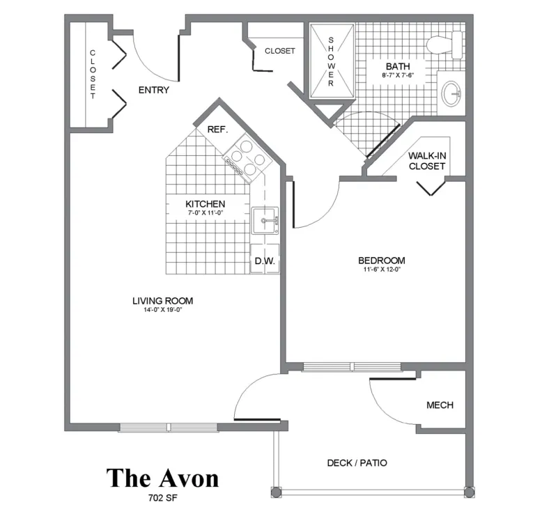 Floorplan for a one bedroom apartment at Kingsway Village