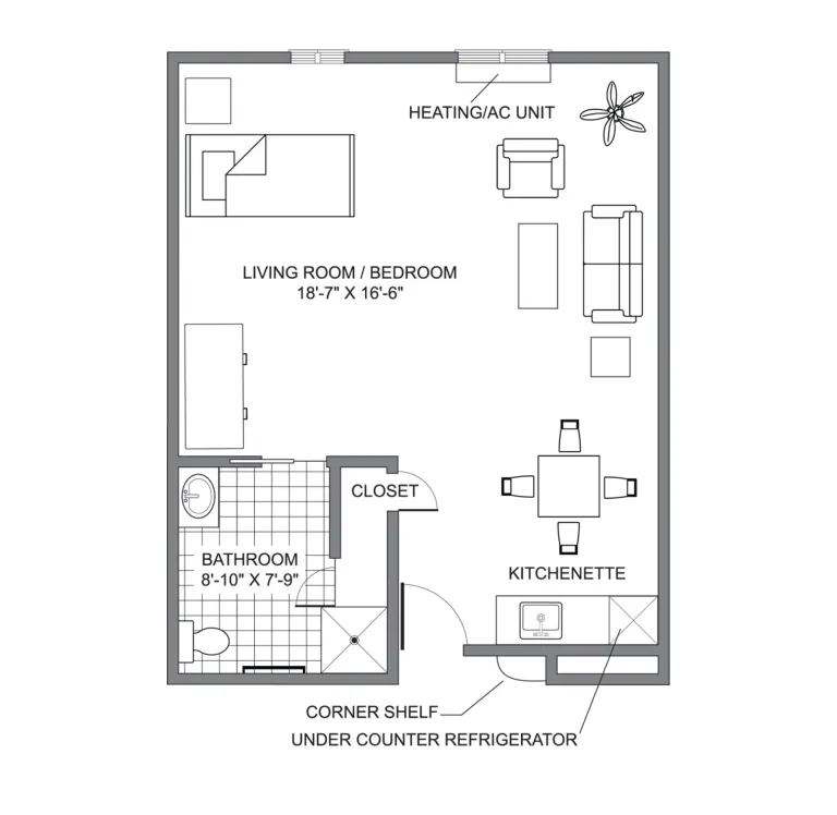 Studio apartment floor plan for Kingsway Manor