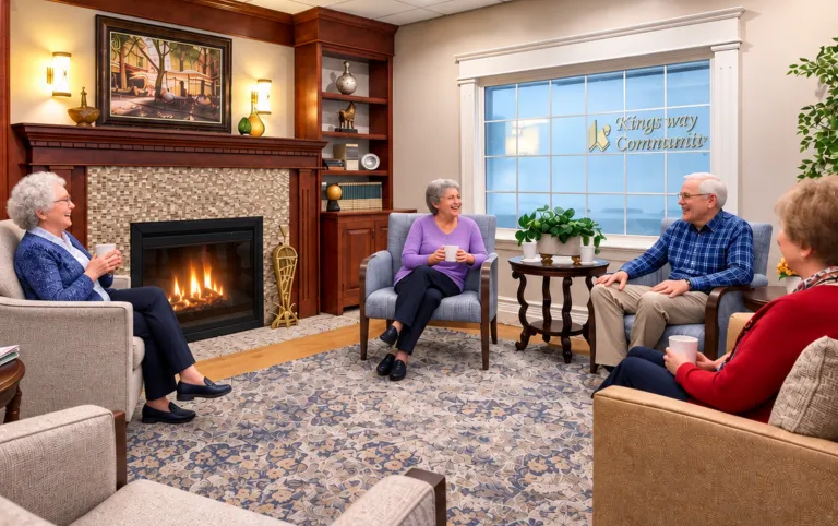 Four residents chatting in Kingsway Manor Lobby Livingroom